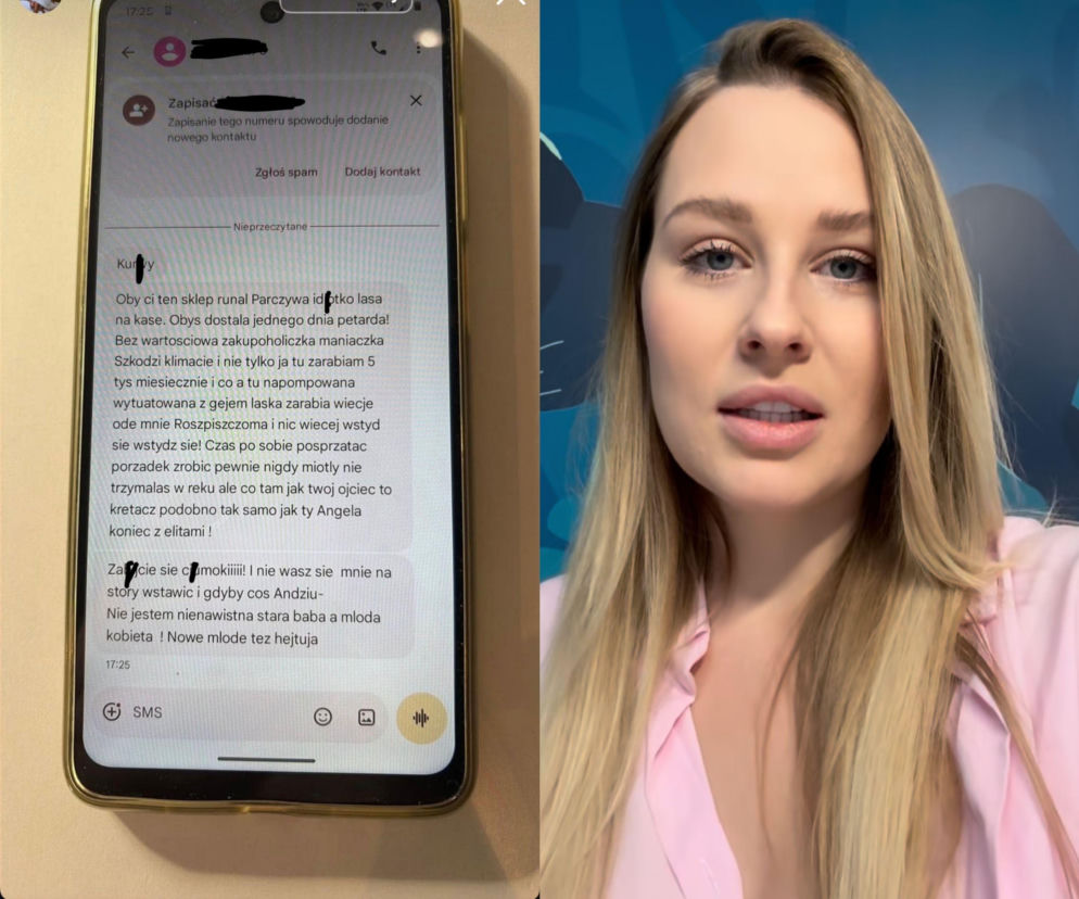 Andziaks w różowej koszuli. Obok telefon z hejterską wiadomością SMS. O atakach na influencerkę przeczytasz w serwisie Eska.
