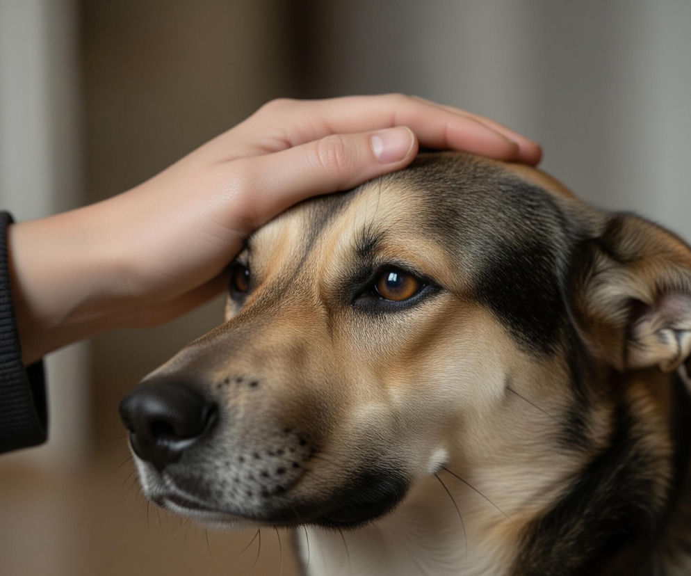 Ręka z jasną skórą, ubrana w ciemną, prążkowaną bluzę, delikatnie głaszcze głowę psa. Pies ma krótką sierść w odcieniach brązu, czerni i beżu, z ciemnymi brwiami i czarnym, wilgotnym nosem. Jego prawe oko jest widoczne, ma brązową tęczówkę z wyraźnym odbiciem światła. Tło jest rozmyte, w ciepłych, neutralnych kolorach.