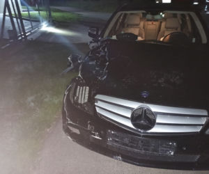 Podegrodzie. Mercedes zderzył się z pięknym jeleniem. Samochód rozbity, zwierzę nie żyje