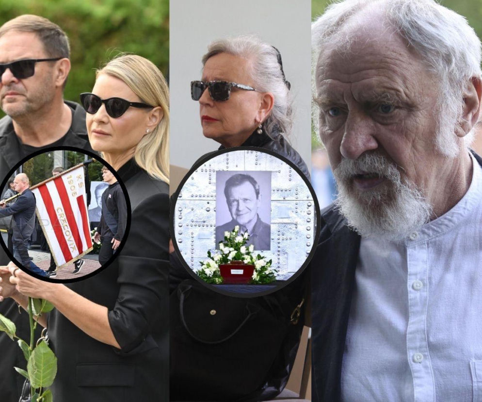 Aktorzy na pogrzebie Jana Frycza. Na miniaturze flaga Cracovii oraz zdjęcie zmarłego. Relacja z uroczystości w serwisie SE.