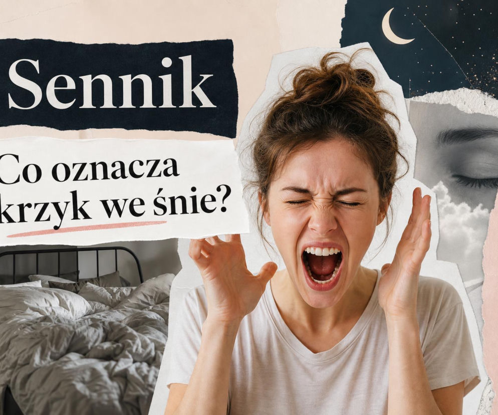 Kobieta krzyczy trzymając ręce przy twarzy. Obok sypialnia i nocne niebo. O znaczeniu snu o krzyku przeczytasz na SE.