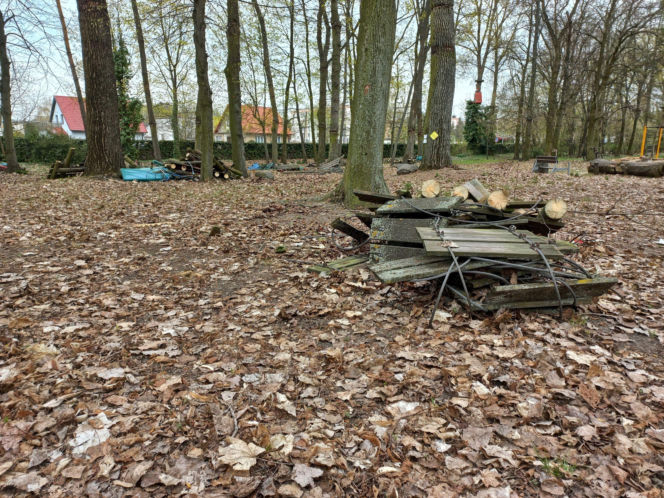 Rozbiórka Parku Linowego Tarzan w Parku Tysiąclecia w Lesznie