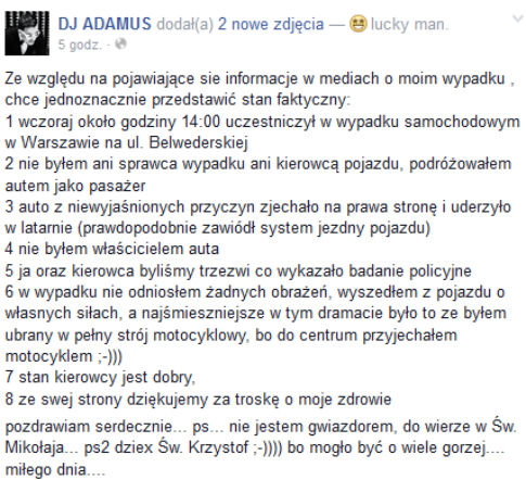 DJ Adamus wypadek