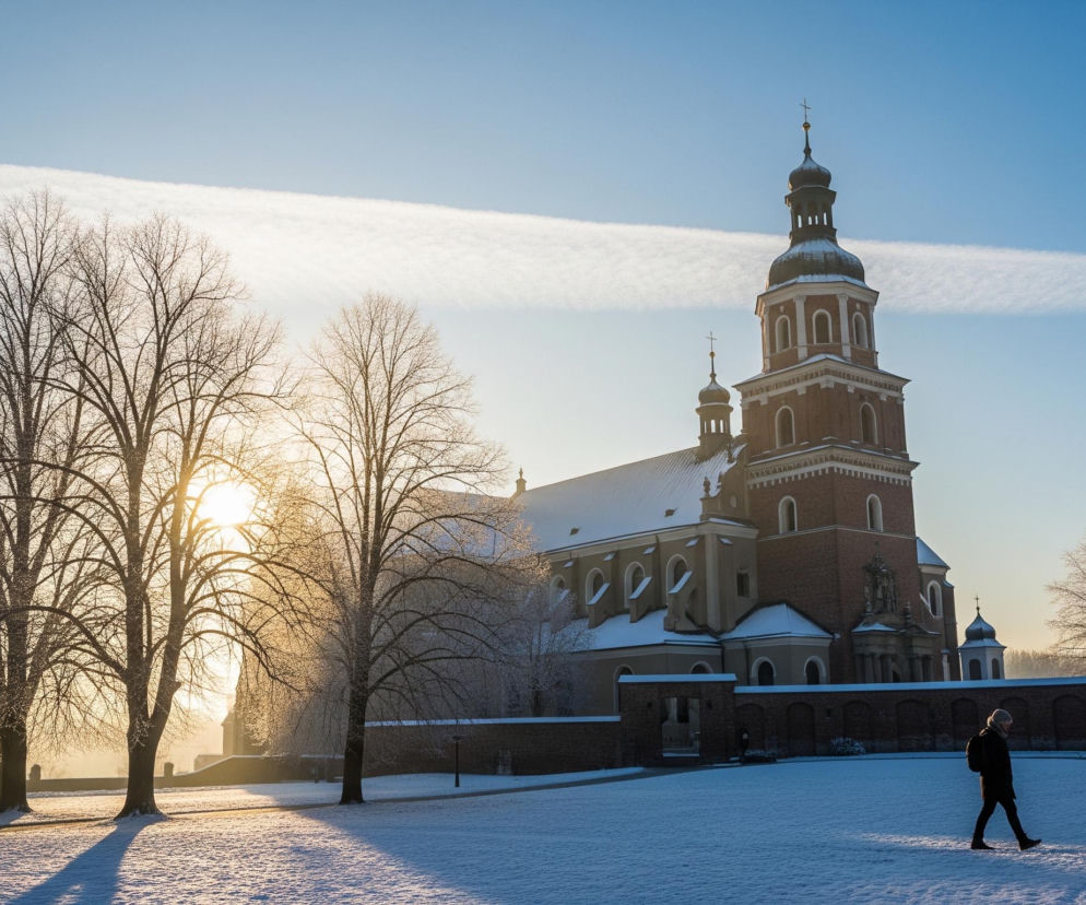 Gotycka bazylika z ceglaną fasadą i licznymi wieżyczkami, pokryta śniegiem, dominuje po prawej stronie obrazu. Wokół niej rozciąga się zaśnieżony teren, przez który prowadzi utwardzona ścieżka, widoczna w prawym dolnym rogu. Po lewej stronie, na tle jasnożółtego, zachodzącego słońca, stoją trzy wysokie, bezlistne drzewa, ich gałęzie pokryte są szronem. Horyzont po lewej stronie jest zamglony, a na niebieskim niebie rozciąga się biały, prosty pas chmury. W prawym dolnym rogu samotna postać w ciemnym ubraniu z plecakiem idzie po zaśnieżonej ścieżce.