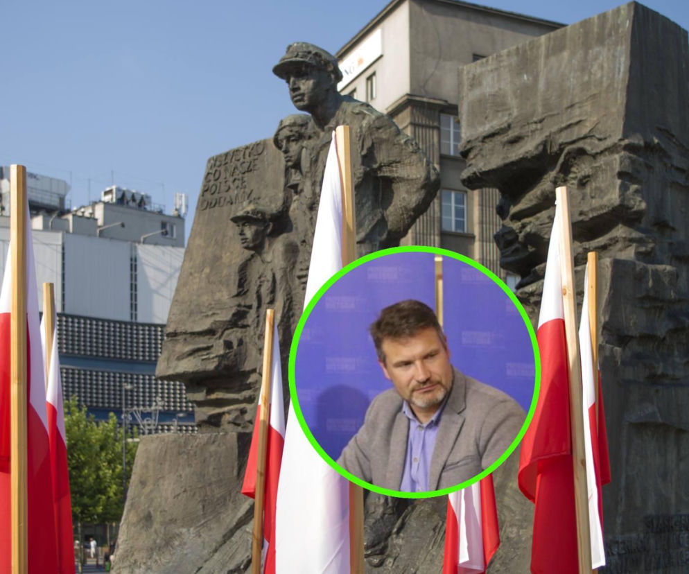 Pomnik Harcerzy Września w Katowicach otoczony flagami. Na miniaturze dr Grzegorz Bębnik, o czym pisze SE Portal Obronny.