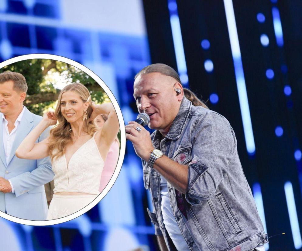 Łukasz Golec z mikrofonem. Na miniaturze Rafał Brzozowski z żoną Heleną. O incydencie na ślubie przeczytasz na Eska.