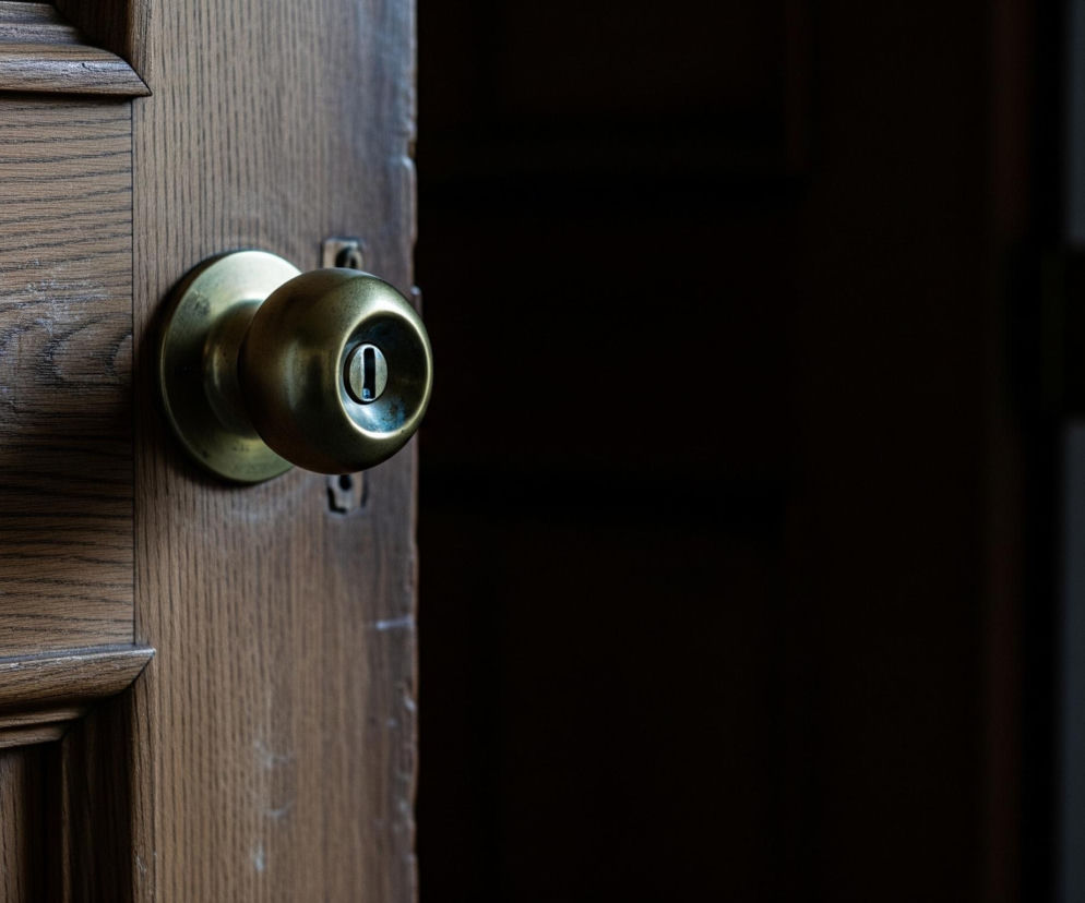 Mosiężna, błyszcząca klamka kulista z otworem na klucz jest centralnym punktem obrazu, umieszczona na jasnobrązowych, drewnianych drzwiach. Widoczne są wyraźne słoje drewna i nacięcia w panelach drzwi, a także delikatne białe zadrapania. Drzwi są uchylone, ukazując w tle ciemną przestrzeń z niewyraźnymi ciemnymi elementami oraz smugę jasnego, pionowego światła z prawej strony.