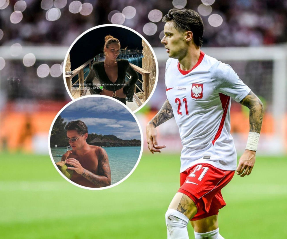 Nicola Zalewski w koszulce reprezentacji Polski z numerem 21 na tle boiska piłkarskiego, obok wstawki z prywatnych wakacji z ukochaną Emily Pallini. Więcej o ich rajskich wakacjach i dziewczynie piłkarza przeczytasz na naszym portalu.