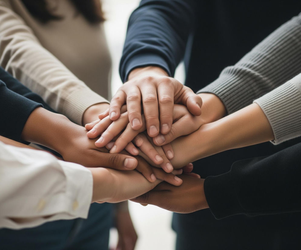 Zgromadzone dłonie o różnym odcieniu skóry, ułożone jedna na drugiej, stanowią centralny punkt kompozycji. Sześć osób, których dłonie są widoczne, nosi ubrania w odcieniach czerni, beżu, szarości oraz białego, z długimi rękawami zakrywającymi przedramiona. Górna część obrazu przedstawia dłoń w ciemnej koszulce leżącą na stosie, natomiast biała koszula z żółtymi guzikami jest widoczna na dole po lewej stronie. Tło jest rozmyte, co dodatkowo skupia uwagę na splecionych dłoniach, sugerując jedność i współpracę.