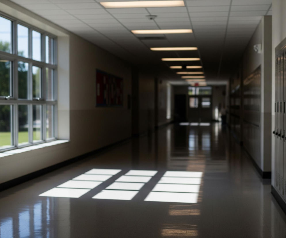 Długi korytarz z rzędem szarych szafek po prawej stronie dominuje w kadrze, rozciągając się w głąb obrazu. Po lewej stronie znajduje się duże, prostokątne okno podzielone na wiele mniejszych szyb, przez które wpada dzienne światło, tworząc na podłodze wyraźne, prostokątne refleksy. Podłoga w korytarzu jest błyszcząca, odbijając zarówno światło dzienne, jak i rzędy lamp sufitowych widocznych w oddali. W głębi korytarza, na ścianach widać fragmenty tablic ogłoszeniowych i kolejne, ciemniejsze rzędy szafek.