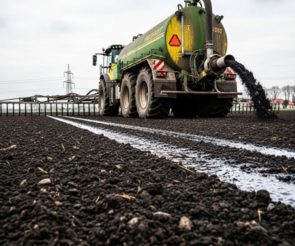 Ciągnik rolniczy z zieloną beczkowozem wylewającym ciemny poferment na świeżo zaoranym, brązowym polu uprawnym. Nawożenie gleby, oszczędności i inwestycje, o czym przeczytasz na Super Biznes.