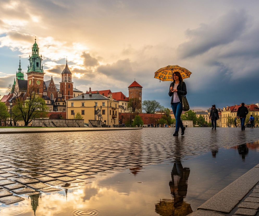 Kobieta w ciemnej kurtce, jasnej bluzce i niebieskich jeansach idzie po mokrej, brukowanej nawierzchni, trzymając otwartą żółtą parasolkę z kwiatowym wzorem. Jej odbicie, wraz z parasolką i fragmentem nieba, widoczne jest w kałuży na pierwszym planie, gdzie widoczne są również kręgi na wodzie od spadającej kropli. W tle rozciąga się historyczny kompleks budynków z zielonymi dachami i spiczastymi wieżami, z dominującą wieżą zegarową po lewej stronie kadru. Niebo jest częściowo pokryte chmurami, z jaśniejszym, pomarańczowo-złotym odcieniem po lewej stronie, przechodzącym w ciemniejszy, szary po prawej.
