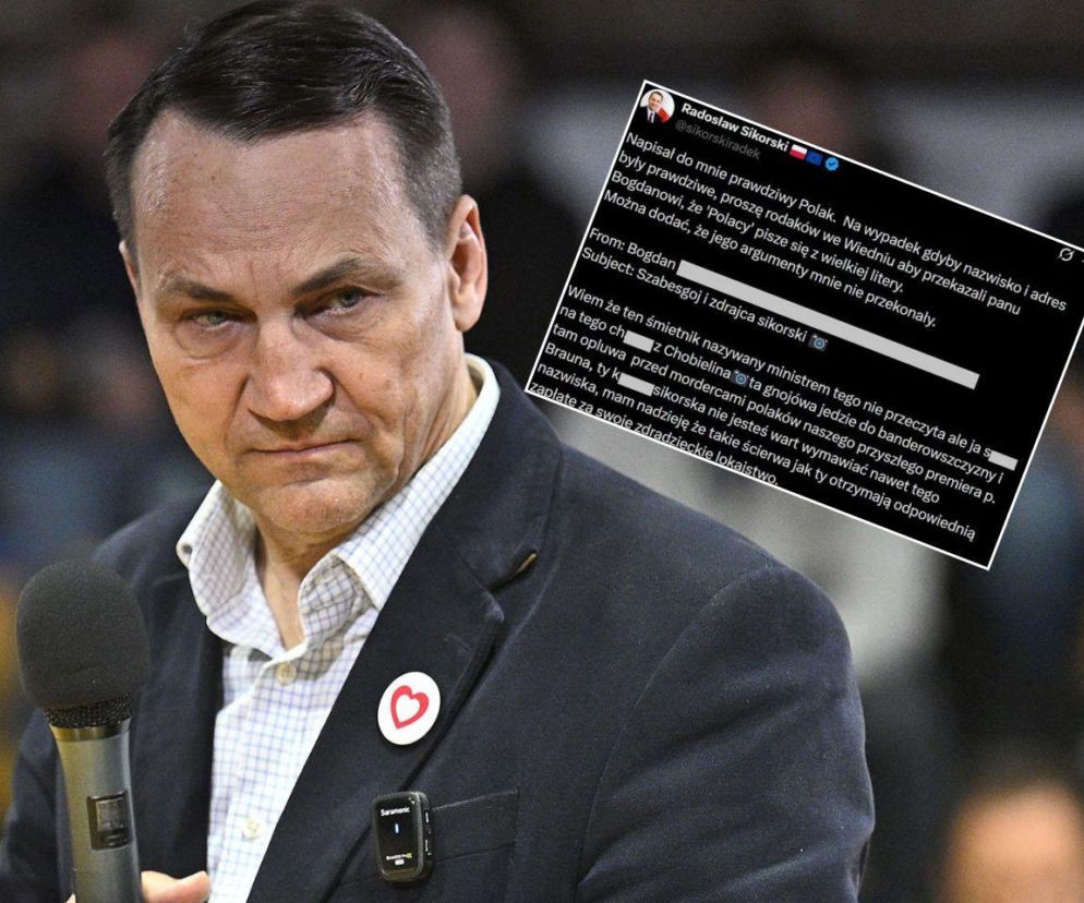 Minister Radosław Sikorski trzyma mikrofon. Obok wstawka z wulgarnym e-mailem od internauty. O sprawie przeczytasz na Eska.