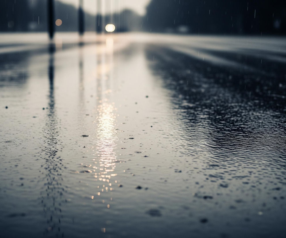 Mokra, ciemna nawierzchnia, prawdopodobnie asfalt, jest głównym elementem widoku, rozciągając się od dołu obrazu w głąb perspektywy. Odbija ona światło z rozproszonych źródeł, tworząc wydłużone, pionowe smugi i refleksy na swojej powierzchni. Drobne krople deszczu są widoczne na powierzchni i w powietrzu, nadając wrażenie trwającego opadu. W oddali, w rozmazanym tle, widać niewyraźne, jasne światła, sugerujące obecność innych obiektów lub pojazdów. Cała scena utrzymana jest w chłodnych, stonowanych odcieniach szarości i błękitu, z akcentami jaśniejszego, ciepłego światła.