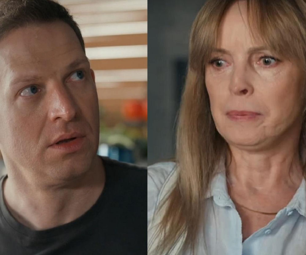 Kolaż przedstawiający Michała Rolnickiego jako Łukasza i Katarzynę Tlałkę jako Agnieszkę w scenie z serialu „Barwy szczęścia”. Łukasz z zamyśloną miną, Agnieszka z wyraźnym zdenerwowaniem. Ten dramatyczny moment i inne emocje z serialu zobaczysz na Super Seriale.