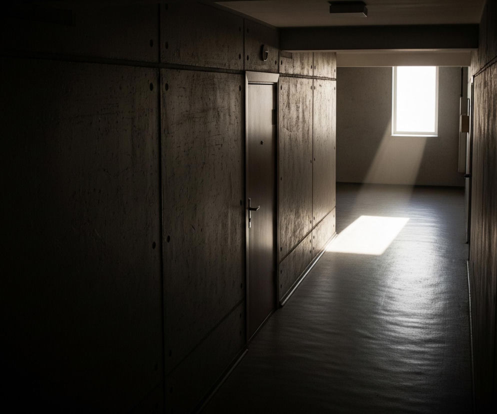 Długi, ciemny korytarz rozciąga się w głąb obrazu, znikając w jasnym świetle na końcu. Na wprost znajduje się prostokątne okno, przez które wpada intensywne, białe światło, tworząc długi, skośny promień na podłodze. Ściany korytarza po obu stronach są wykonane z paneli o szarej, chropowatej teksturze, z widocznymi, regularnie rozmieszczonymi okrągłymi otworami i poziomymi łączeniami. Po prawej stronie widać zamknięte drzwi z metalową klamką i wizjerem. Podłoga ma ciemny, matowy odcień, a na jej powierzchni widać delikatne faliste wzory, zwłaszcza w miejscu, gdzie pada światło.