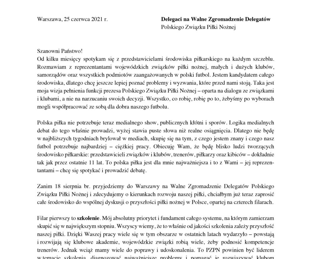 List Cezarego Kuleszy do delegatów PZPN