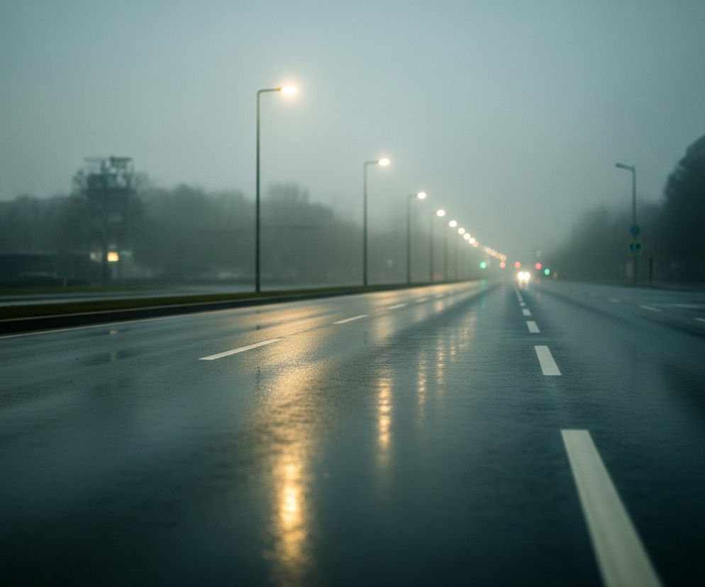 Długa, szeroka ulica w kolorze ciemnego grafitu biegnie przez centrum kadru, skąpana w miękkim, rozproszonym świetle. Jej mokra powierzchnia odbija intensywnie żółte światło latarni, tworząc długie, rozmazane refleksy. Po obu stronach jezdni stoją równomiernie rozmieszczone słupy z lampami ulicznymi, które rozjaśniają mgliste powietrze. Horyzont jest niewyraźny, zlewający się z bladoszarym, mlecznym niebem, a po bokach drogi zarysowują się zamazane sylwetki budynków i drzew.