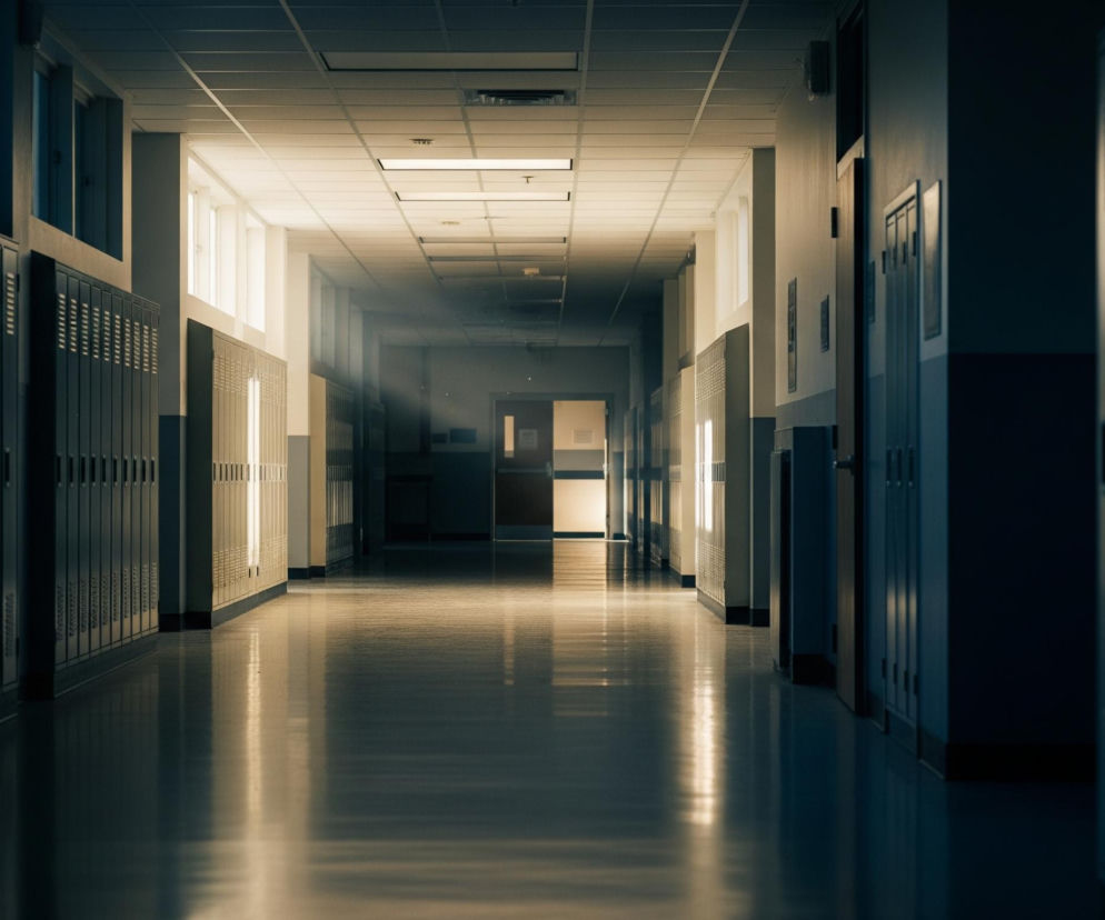 Długi, ciemny korytarz rozciąga się w głąb obrazu, z rzędami szarych szafek po obu stronach. Światło słoneczne wpada z lewej strony, tworząc jasne refleksy na szafkach i połyskującej posadzce, a także przenika przez okna u góry ściany po lewej. W dali widoczne są drzwi z przeszkleniem, otoczone jasną poświatą, kontrastującą z ciemniejszymi partiami korytarza.