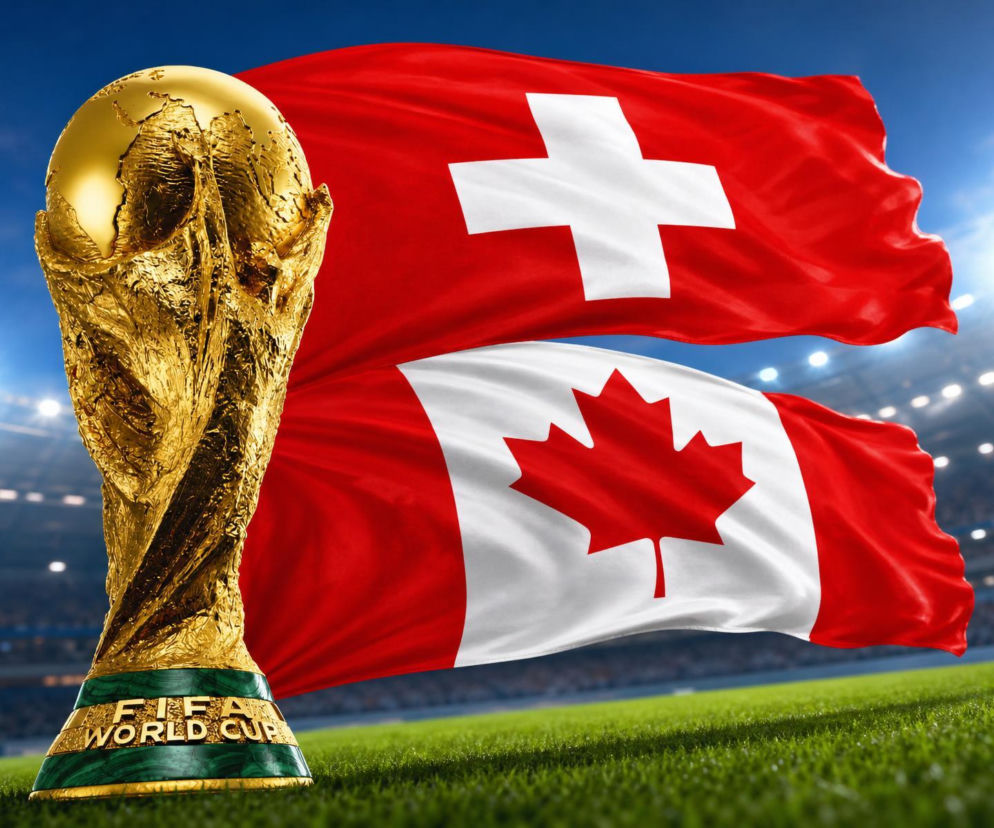 Złote trofeum Pucharu Świata FIFA na tle flag Szwajcarii i Kanady, powiewających na stadionie piłkarskim, symbolizuje emocje związane z meczem Mundialu 2026. Szczegółowe statystyki z tego spotkania znajdziesz na naszym portalu.