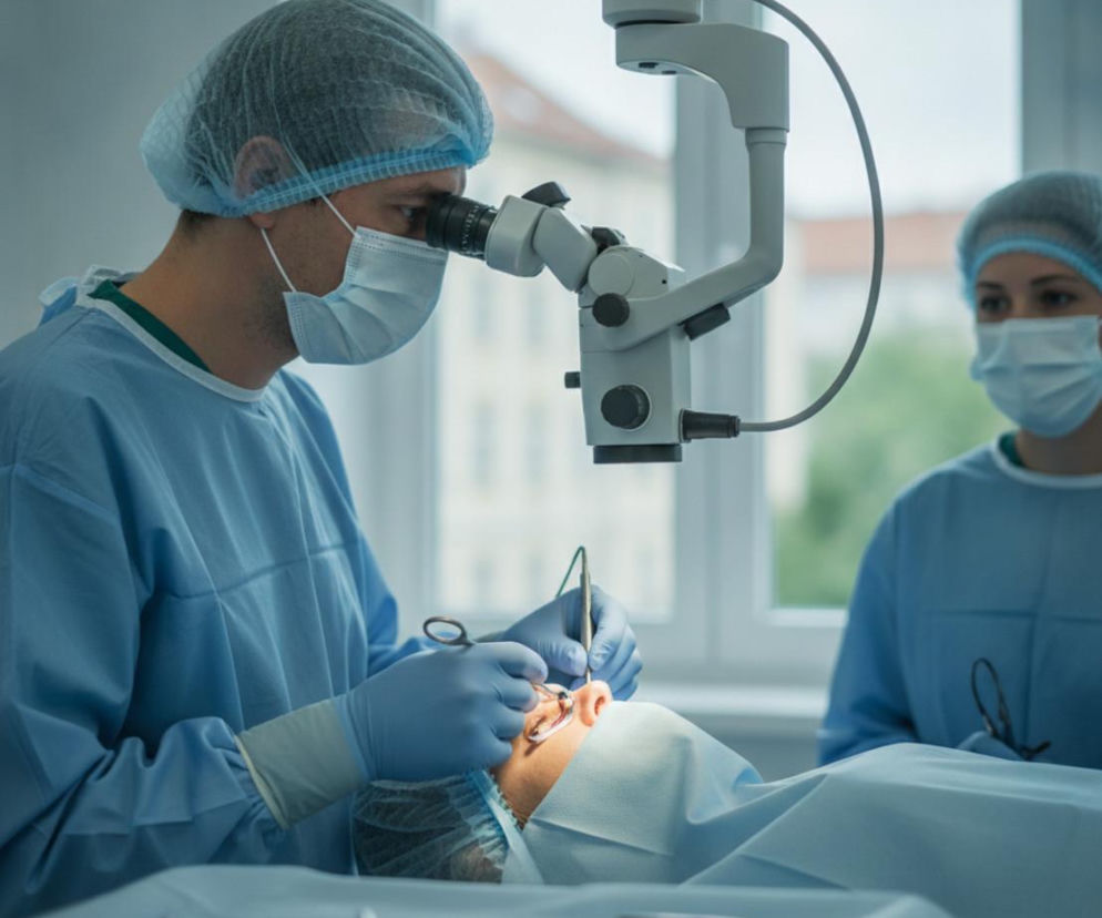 Lekarz wykonujący operację zaćmy przy użyciu mikroskopu operacyjnego, obok asystentka. Pacjent leży na stole operacyjnym. Obraz ilustruje popularność zabiegów zaćmy za granicą, o czym więcej przeczytasz na portalu Poradnik Zdrowie.