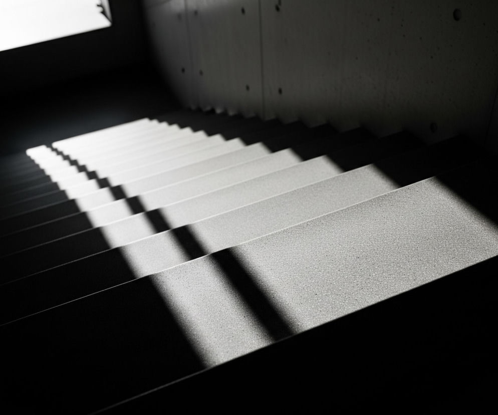 Schody wykonane z jasnoszarego, ziarnistego betonu opadają w głąb ciemnego korytarza. Światło padające z kwadratowego otworu u góry oświetla fragmenty każdego stopnia, tworząc ostre, ukośne cienie. Ściany boczne, również betonowe, są głównie w cieniu, a tylko ich górna część po prawej stronie jest lekko rozjaśniona.