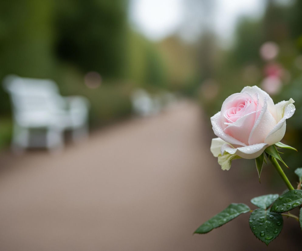 Delikatna, jasnoróżowa róża, pokryta drobnymi kroplami wody, dominuje po prawej stronie kadru, zwrócona lekko w lewo. Jej płatki są jaśniejsze na brzegach, przechodząc w biel. Zielona łodyga z kilkoma liśćmi, również pokrytymi kroplami deszczu, rozciąga się w dół, a w tle widać rozmyty parkowy krajobraz z długą, piaskową alejką i rzędem białych ławek po lewej stronie. Zielone krzewy i drzewa tworzą niewyraźne tło, z kilkoma rozmazanymi, różowymi plamami, przypominającymi inne kwiaty.