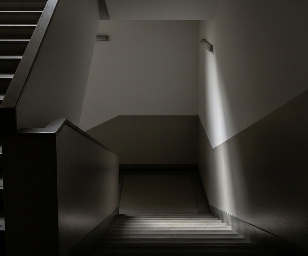 Długie, szare schody biegną od lewej strony do góry obrazu, a następnie w dół, lekko w prawo, w stronę dolnej części obrazu. Elementy architektoniczne pomieszczenia tworzą wyraźne, geometryczne podziały kolorystyczne, od jasnych szarości na oświetlonych fragmentach ścian i stopniach po głębokie, ciemne szarości i czerń w cieniu. Na prawej ścianie, w górnej części obrazu, zamocowana jest podłużna lampa, z której rozchodzi się intensywna smuga światła, oświetlająca ukośnie ścianę i dolny bieg schodów.