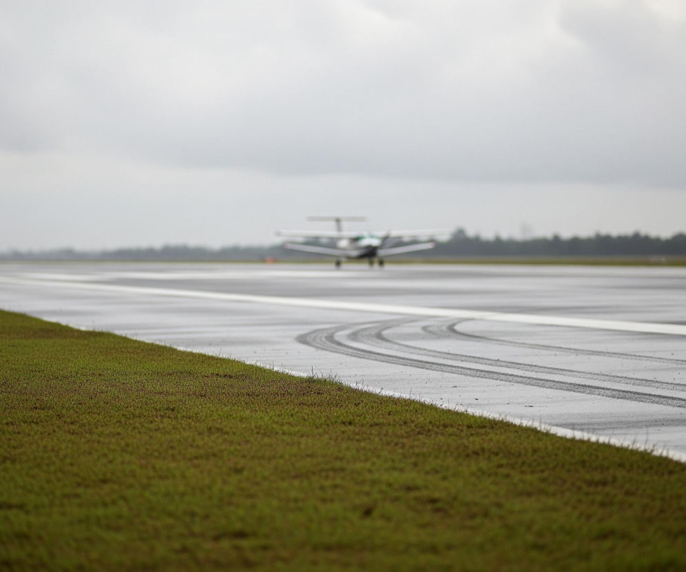 Wilgotna, asfaltowa nawierzchnia pasa startowego rozciąga się od lewej do prawej strony, z widocznymi śladami opon tworzącymi łuk. Po lewej stronie pasa startowego znajduje się zielony, niski trawnik, który tworzy wyraźną krawędź. W oddali, na rozmytym tle, widać mały samolot z białym kadłubem i zielonymi elementami, stojący na pasie, a za nim rozciąga się linia ciemnych drzew pod zachmurzonym niebem.