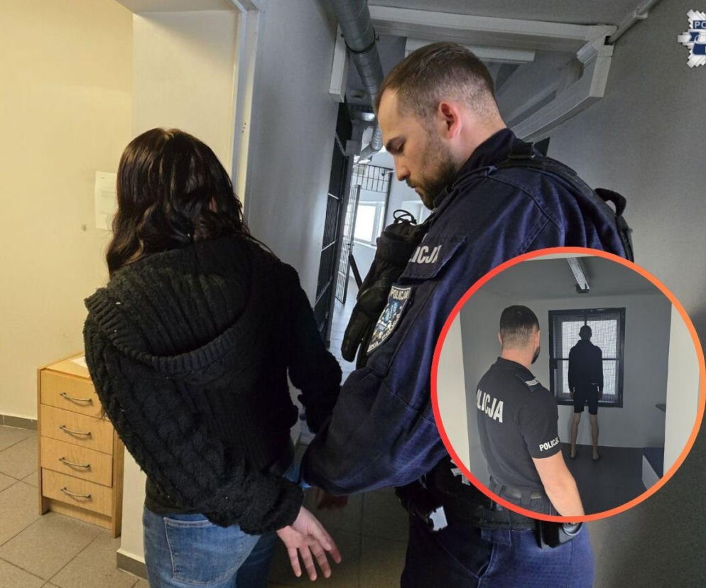 Policjant prowadzi zatrzymaną kobietę. Na miniaturze aresztowany mężczyzna. O brutalnym napadzie w Rybniku pisze Eska Śląskie.