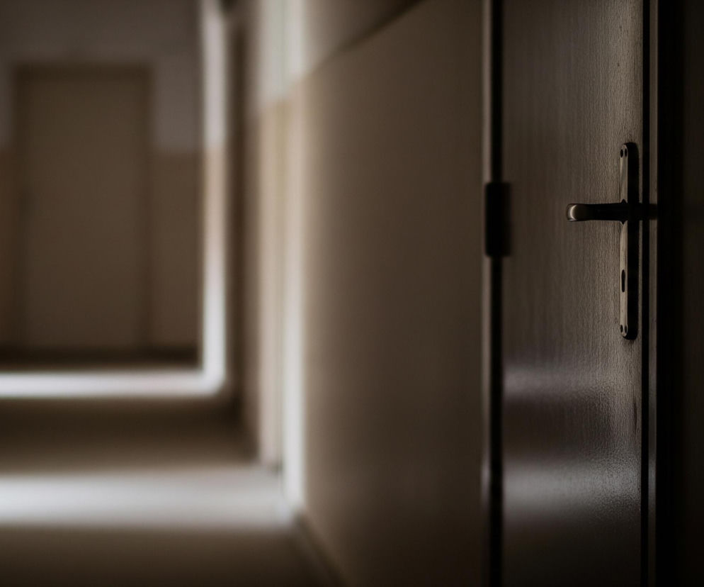 Prawy kraniec ciemnego drewnianego skrzydła drzwi z metalową klamką i zamkiem wypełnia prawą stronę kadru. Jest on oświetlony od góry i delikatnie od frontu, co podkreśla jego ziarnistą fakturę i metaliczny połysk klamki. Dalej na lewo rozciąga się długi, wąski korytarz z kremowymi ścianami i brązową podłogą, częściowo oświetlony z góry, tworząc wyraźne, białe smugi światła wzdłuż ścian i na podłodze. Na końcu korytarza widać kolejne drzwi, niewyraźne z powodu rozmycia tła.