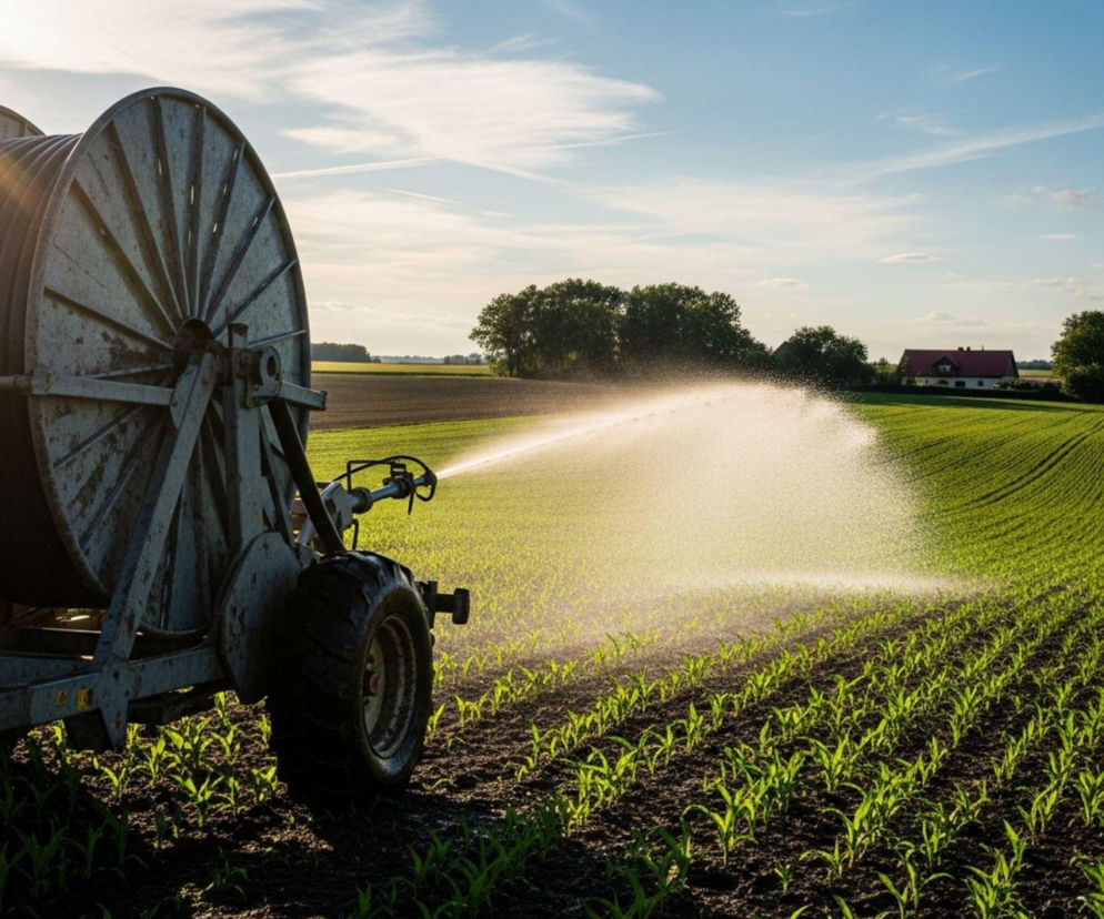 System nawadniania pola uprawnego z młodymi roślinami, strumień wody delikatnie zrasza uprawy. Inwestycja w nowoczesne nawadnianie opłaca się. Więcej o dotacjach na ten cel przeczytasz na Super Biznes.