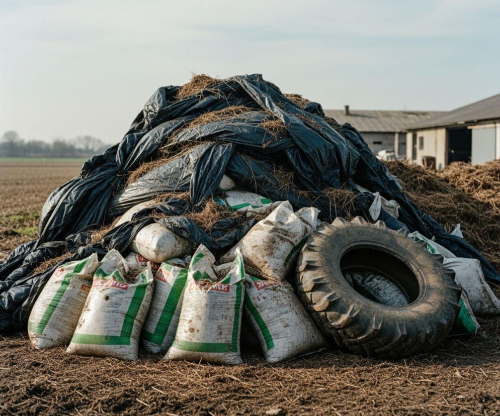 Stos odpadów rolniczych, w tym worki po nawozach, czarna folia i zużyta opona, leżące na polu. Zdjęcie ilustruje problem utylizacji odpadów w gospodarstwach rolnych, o czym przeczytasz więcej na Super Biznes.