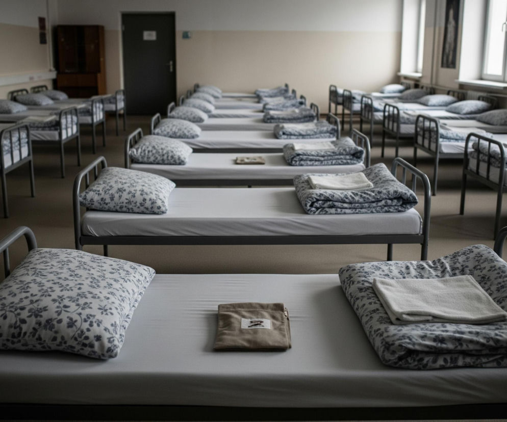 W pomieszczeniu znajduje się wiele łóżek metalowych, ustawionych rzędami po obu stronach centralnego przejścia, skierowanych w stronę tylnej ściany. Każde łóżko ma biały materac, poduszkę w poszewce z szaroniebieskim wzorem kwiatowym oraz złożoną kołdrę o tym samym wzorze, na której leży złożony biały ręcznik, z wyjątkiem łóżka na pierwszym planie, gdzie obok poduszki leży mały beżowy woreczek. Ściany są dwukolorowe, z jasnobeżowym pasem u góry i nieco ciemniejszym beżem na dole, oddzielonym poziomą listwą, a z prawej strony widoczne są dwa okna. Z tyłu pomieszczenia widać ciemne drzwi i drewnianą szafkę.