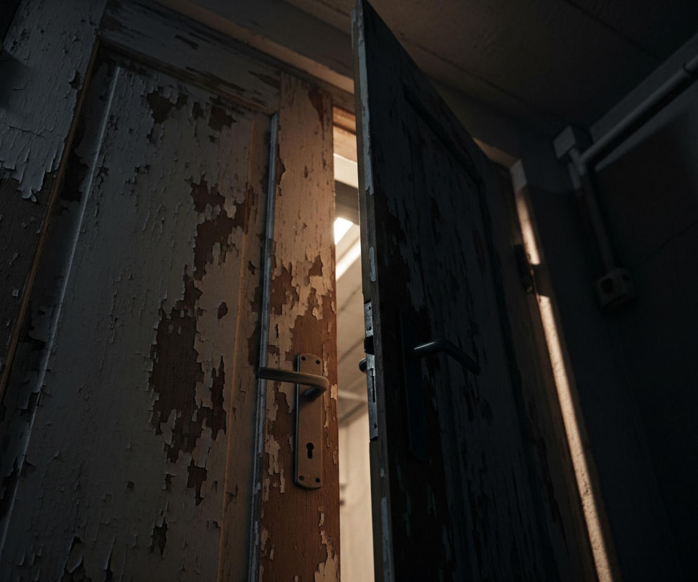 Lewe, uchylone drewniane drzwi z metalową klamką i zamkiem ukazują złuszczającą się, jasną farbę, spod której widać ciemniejsze drewno. Przez szczelinę między drzwiami wpada jasne, ciepłe światło, oświetlając wewnętrzną krawędź prawej strony ościeżnicy. Po prawej stronie, w głębi, ciemna ściana z widocznymi rurami i elementami instalacji, oraz fragmentem drugich, ciemnych drzwi. Górna część obrazu przedstawia sufit i krawędź otworu drzwiowego.