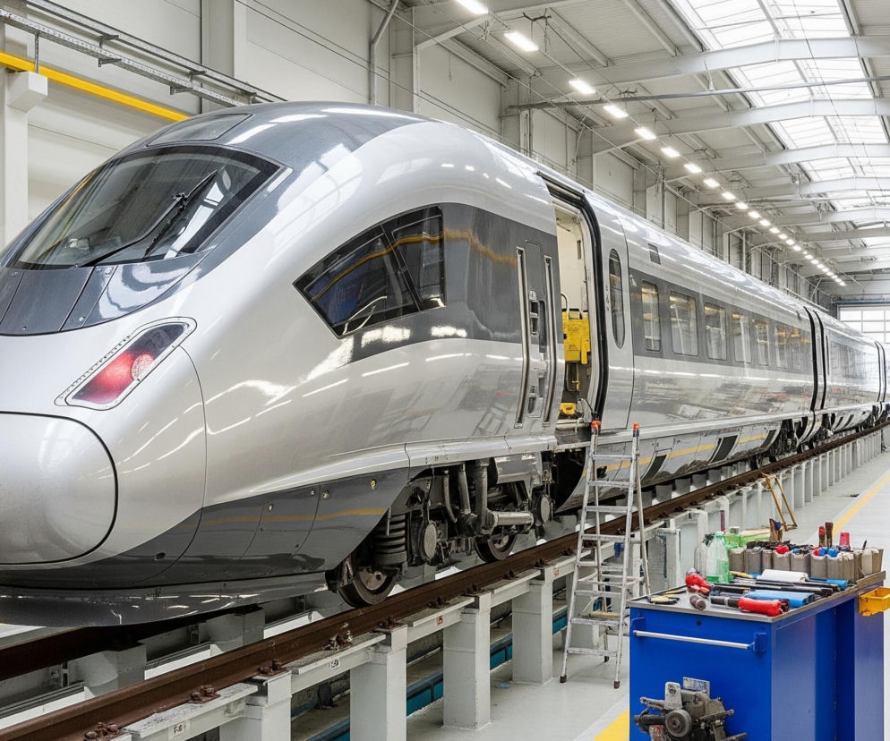 Srebrny pociąg stoi na szynach w przestronnej, oświetlonej hali serwisowej. Pociąg ma opływowy kształt, ciemne szyby i otwarte drzwi w środkowej części, z widocznym żółtym wnętrzem. Po lewej stronie wagonu widać aluminiową drabinę, a po obu stronach torów rozmieszczone są niebieskie i żółte szafki narzędziowe z różnymi przedmiotami na blatach. Sufit hali jest biały, z widocznymi świetlikami i rzędami podłużnych lamp fluorescencyjnych, a na podłodze biegną żółte linie.
