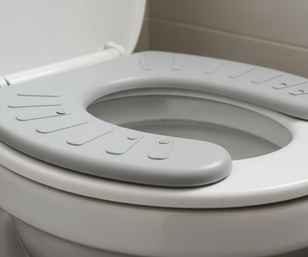 Biała toaleta z otwartą pokrywą jest widoczna z lekko podniesioną szarą nakładką redukcyjną dla dzieci, spoczywającą na białej desce sedesowej. Szara nakładka ma wzdłuż krawędzi liczne, podłużne wypustki, pełniące funkcję antypoślizgowych elementów. W tle widoczna jest jasnoszara ściana wyłożona płytkami, a w dolnej części obrazu widoczne są elementy mocujące i podstawa toalety.