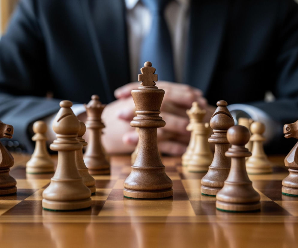 Na pierwszym planie drewniana szachownica z jasno- i ciemnobrązowymi polami, na której ustawione są figury szachowe. W centrum stoi duży, ciemny król, otoczony pionkami, wieżami i skoczkami w obu kolorach: ciemnobrązowym i jasnobeżowym. Za szachownicą siedzi postać ubrana w ciemną marynarkę, białą koszulę i niebieski krawat, z rękami splecionymi na wysokości klatki piersiowej. Tło jest rozmyte, widoczna jest jasna ściana i okno z zasłoną.