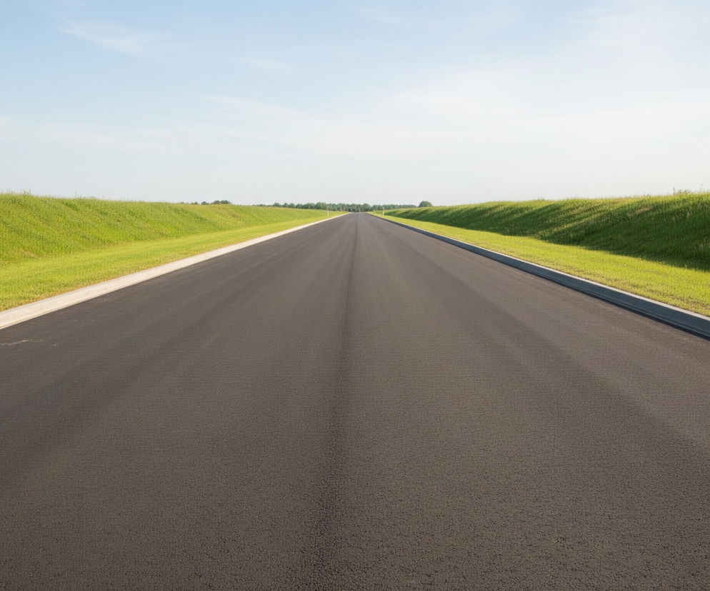Asfaltowa droga rozciąga się w głąb obrazu, zajmując jego centralną część i zwężając się w kierunku horyzontu. Po obu stronach drogi wznoszą się zielone nasypy porośnięte trawą, której barwa przechodzi od jasnozielonej w górnej części do ciemniejszej przy krawędzi drogi. Niebo jest błękitne i bezchmurne, z delikatnym, jasnym pasmem widocznym po prawej stronie, blisko horyzontu. W oddali na horyzoncie, ponad zielonymi nasypami, widoczne są zarysy drzew i krzewów, tworzące ciemniejszą linię.