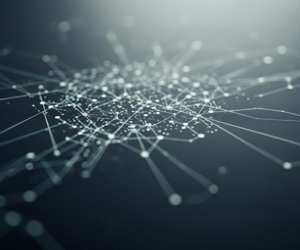 Ciemnoszarą, teksturowaną płaszczyznę pokrytą siecią połączonych punktów. Białe linie i małe, białe kropki tworzą gęsty, dynamiczny wzór, który wydaje się rozciągać w przestrzeni, z centrum wyraźnie jaśniejszym i bardziej zagęszczonym. Punkty i linie stają się coraz rzadsze i rozmyte w miarę oddalania się od środka, tworząc efekt głębi ostrości. Górna część obrazu jest jaśniejsza, co sugeruje źródło światła.