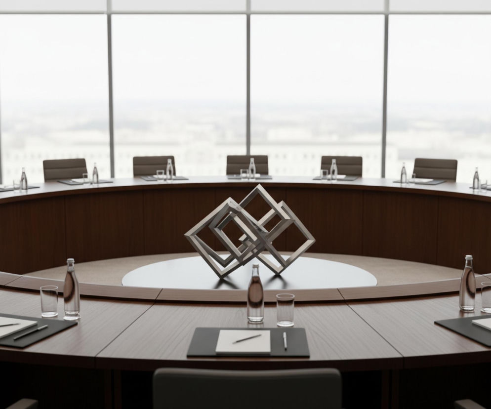 Centralnym elementem jest duży, okrągły stół konferencyjny wykonany z ciemnego drewna, otoczony krzesłami z ciemnej tapicerki. Na stole, co pewien odstęp, ustawione są szklane butelki wody, puste szklanki oraz czarne podkładki z białymi kartkami papieru i długopisami. W centrum stołu znajduje się nowoczesna rzeźba składająca się z trzech metalowych sześcianów, włożonych jeden w drugi pod różnymi kątami. Całość pomieszczenia oświetla duże okno, rozciągające się przez całą szerokość ściany, ukazujące zamazany widok na miejski krajobraz.