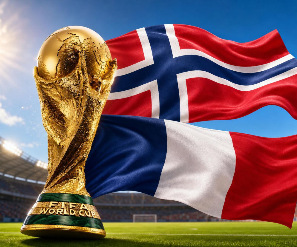Puchar Świata FIFA na tle flag Norwegii i Francji, powiewających dumnie nad stadionem piłkarskim, symbolizujący mecz grupowej fazy Mundialu 2026. Dowiedz się więcej o statystykach i składach na naszym portalu.