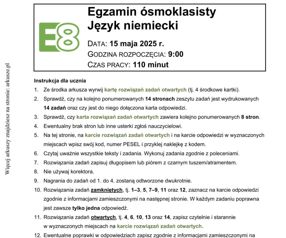 Egzamin ósmoklasisty 2026 język niemiecki. Odpowiedzi, arkusze CKE [13.05.2026]