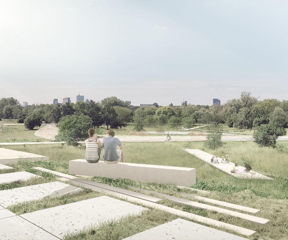 Wizualizacja Parku Naturalnego Golędzinów z ludźmi odpoczywającymi na ławkach. O projekcie przeczytasz w serwisie Architektura.