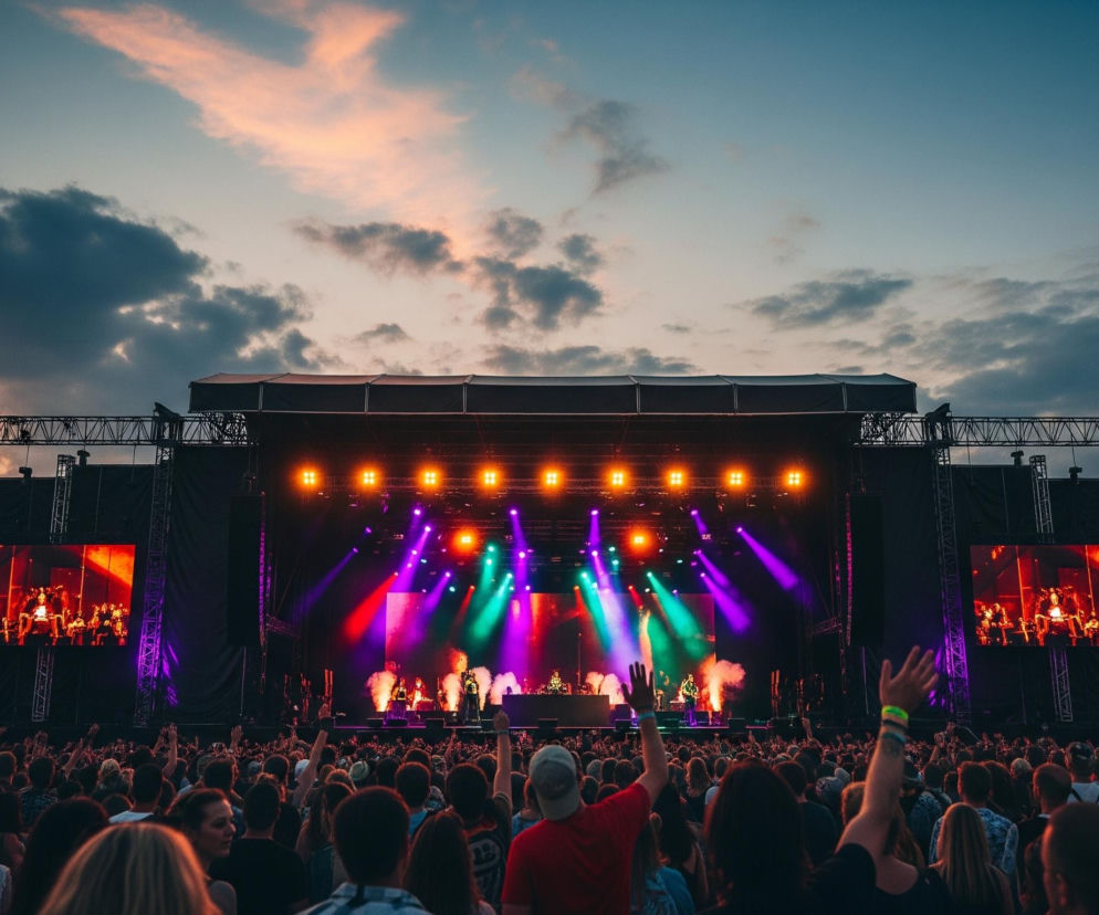 Scena koncertowa znajduje się w centrum kadru, oświetlona jaskrawymi, wielokolorowymi światłami, w tym fioletowymi, zielonymi i pomarańczowymi. Na scenie widać sylwetki muzyków oraz smugi dymu, a po obu stronach sceny umieszczone są duże ekrany LED, wyświetlające zbliżenia na wykonawców. Przed sceną rozciąga się morze głów publiczności, z wieloma osobami unoszącymi ręce w górę, co sugeruje zaangażowanie i aplauz. Tło stanowi niebo o zachodzie słońca, z pomarańczowo-różowymi i ciemnoszarymi chmurami.