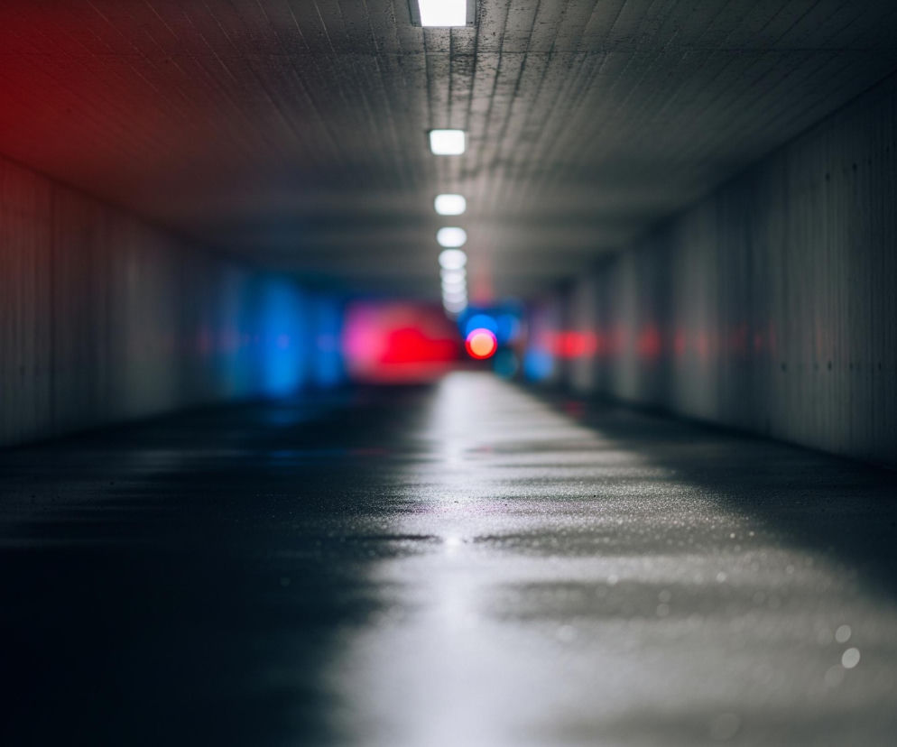 Długi, prosty tunel betonowy rozciąga się w głąb obrazu, zwężając się w kierunku odległego, rozmytego punktu. Sufit o teksturze kraty z betonu utrzymuje linię jasno świecących, prostokątnych lamp, które stopniowo maleją i rozmywają się w dali. Ściany tunelu, również betonowe, po lewej stronie oświetlone są czerwoną poświatą, która przechodzi w ciemniejsze odcienie szarości w kierunku prawej strony. Podłoga tunelu, sprawiająca wrażenie mokrej lub wilgotnej, odbija światło, tworząc jasne pasmo rozciągające się od pierwszego planu ku oddalonym, rozmazanym światłom czerwonym i niebieskim, widocznym na końcu tunelu.