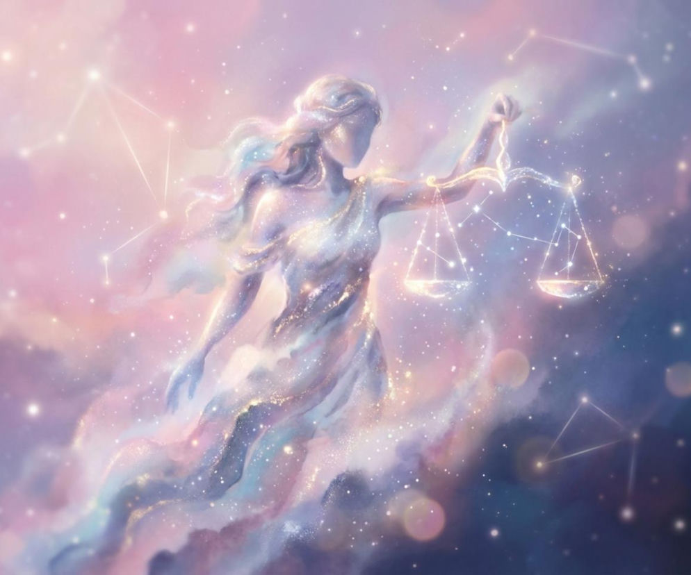 Grafika przedstawiająca konstelację znaku zodiaku Wagi w kształcie kobiety trzymającej szalę. Postać jest otoczona gwiezdnym pyłem i mgławicami w odcieniach różu, fioletu i błękitu. Symbolizuje harmonię i równowagę. Odkryj horoskop dzienny Wagi na naszym portalu.