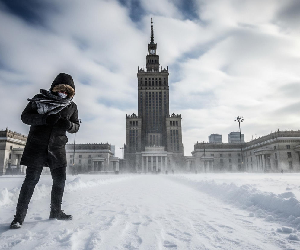 Osoba w ciemnym płaszczu z kapturem obszytym futrem oraz grubym szalikiem zakrywającym większą część twarzy stoi na szerokiej, zaśnieżonej przestrzeni. Centralnie w tle dominuje wysoki, szary budynek z wieżą zegarową i iglicą, otoczony niższymi konstrukcjami o klasycznej architekturze z kolumnami. Śnieg leży grubo, tworząc zaspy wzdłuż wydeptanej ścieżki, a w powietrzu widać unoszące się drobinki śniegu, co sugeruje wietrzną pogodę pod dynamicznym, częściowo zachmurzonym niebem.