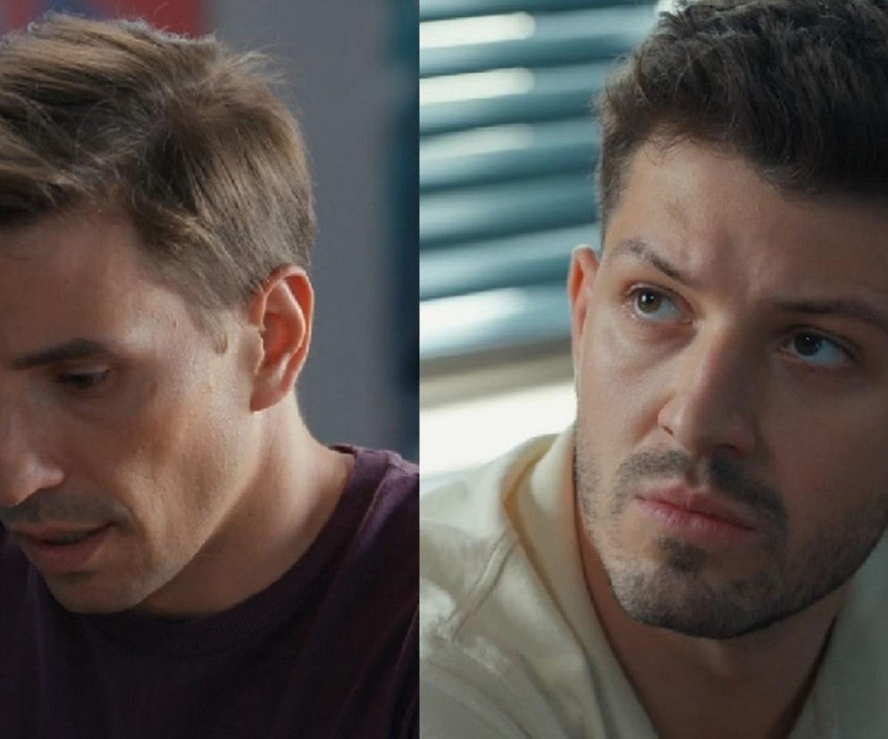 Zbliżenie na dwóch młodych mężczyzn z serialu „Barwy szczęścia”: po lewej Tomasz (Jakub Sokołowski) ze smutnym wyrazem twarzy, po prawej Justin (Jasper Sołtysiewicz), patrzący w górę z zamyśleniem. Więcej o ich losach na Super Seriale.