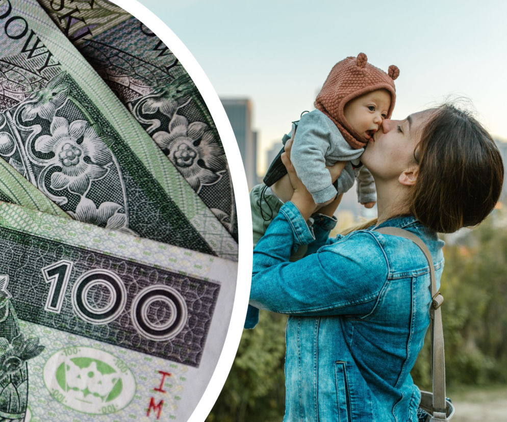 Złożony obraz z banknotami 100 zł symbolizującymi finanse i kobietą trzymającą dziecko, odzwierciedlający problem wliczania opieki nad dziećmi do minimalnej emerytury, o którym przeczytasz więcej na naszym portalu.